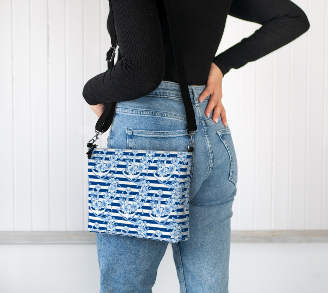 NEEDS HELP ANCHORS ON BLUE STRIPES VEGAN LEATHER TOTE BAG 1966