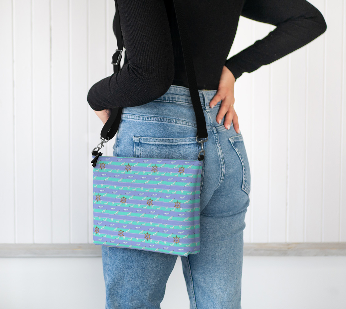 Blue/Lavender Stripes Vegan Leather Crossbody Purse