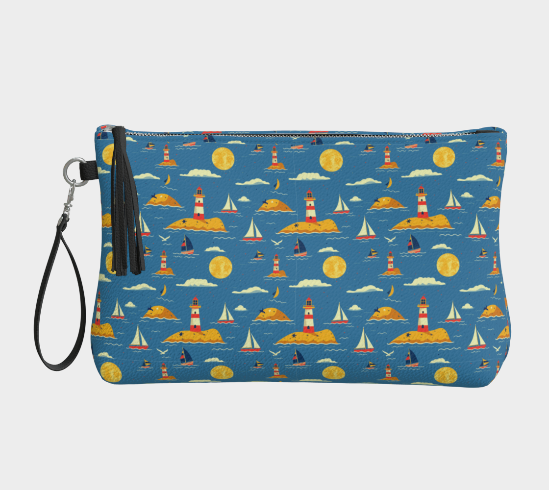 Blue Bag with Lighthouse and Sun on Land Vegan Leather Clutch Purse