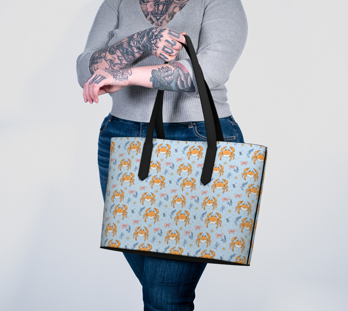 Blue with Crabs and Bows 1055 Vegan Leather Tote Bag