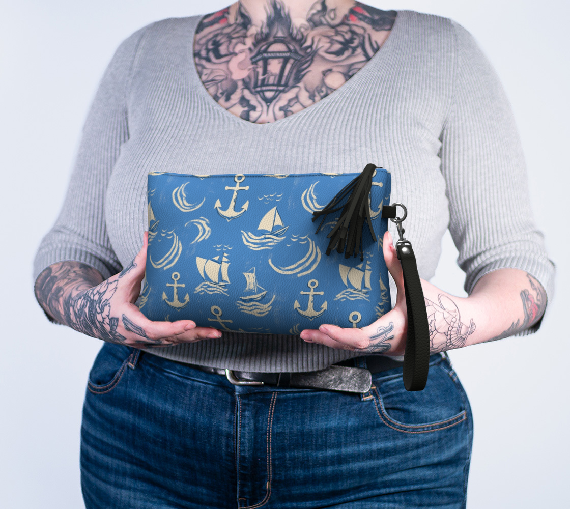 Blue Water with Cream Nautical Elements Vegan Leather Clutch Purse