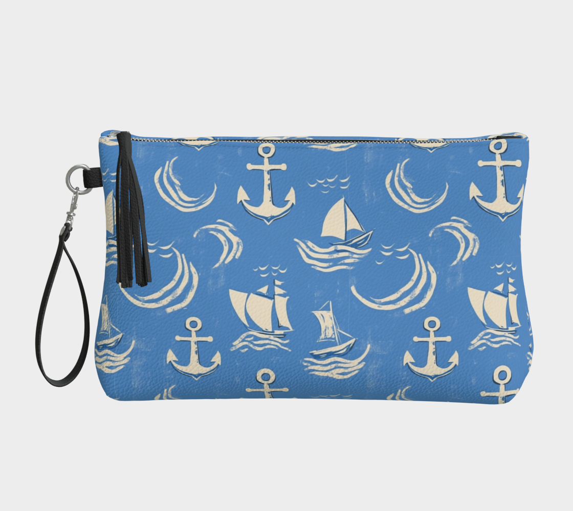 Blue Water with Cream Nautical Elements Vegan Leather Clutch Purse