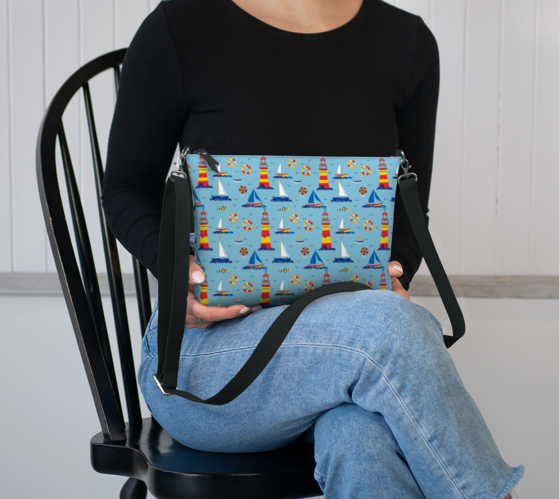 Cute Lighthouse Ocean Scene Vegan Leather Crossbody Purse