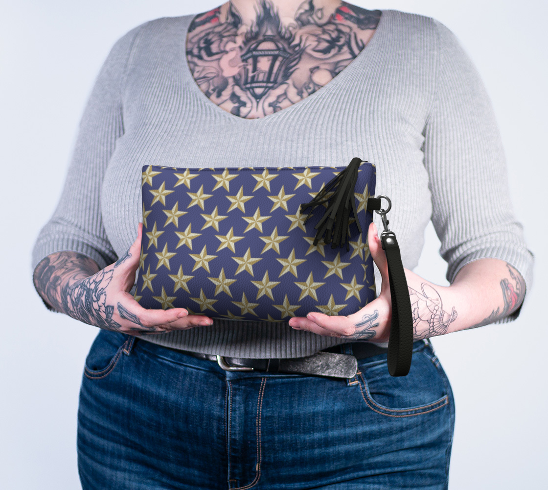 Gold Star on Blue Vegan Leather Makeup Bag