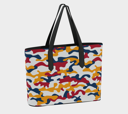 Red, Yellow, Green Camo 1015 VEGAN LEATHER TOTE BAG 1966 BETTER
