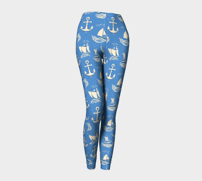 Blue Water with Cream Nautical Elements Leggings