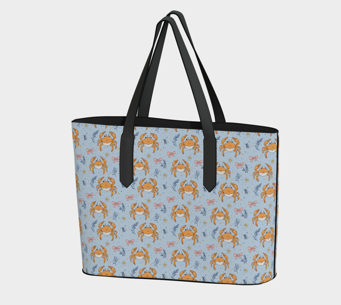 Blue with Crabs and Bows 1055 Vegan Leather Tote Bag