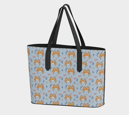 Blue with Crabs and Bows 1055 Vegan Leather Tote Bag