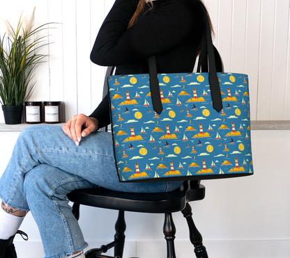 Blue Bag with Lighthouse and Sun on Land Vegan Leather Tote Bag