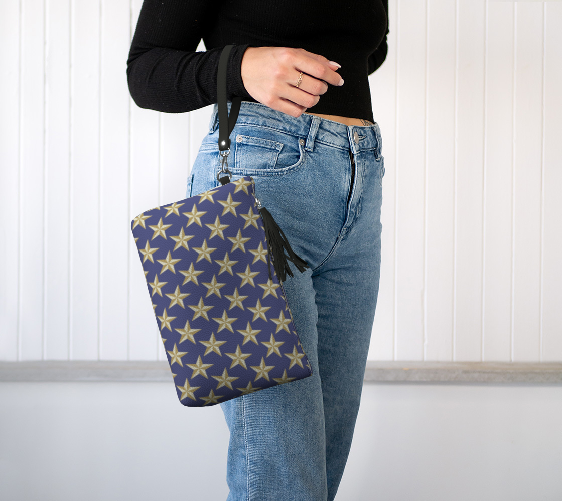 Gold Star on Blue Vegan Leather Makeup Bag