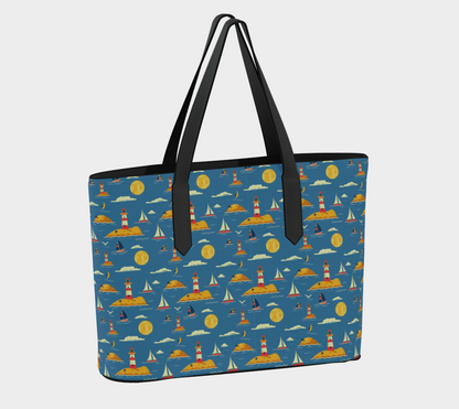Blue Bag with Lighthouse and Sun on Land Vegan Leather Tote Bag