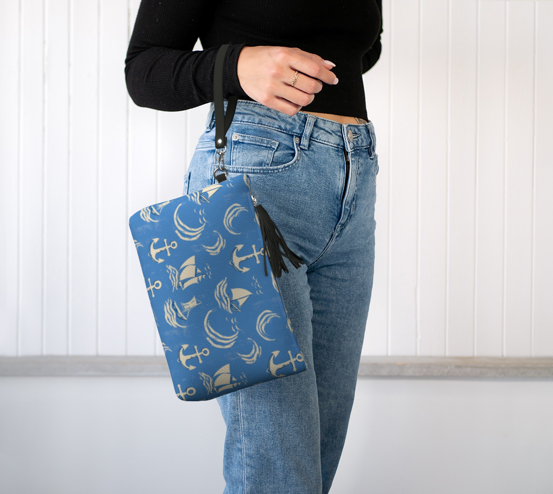 Blue Water with Cream Nautical Elements Vegan Leather Clutch Purse