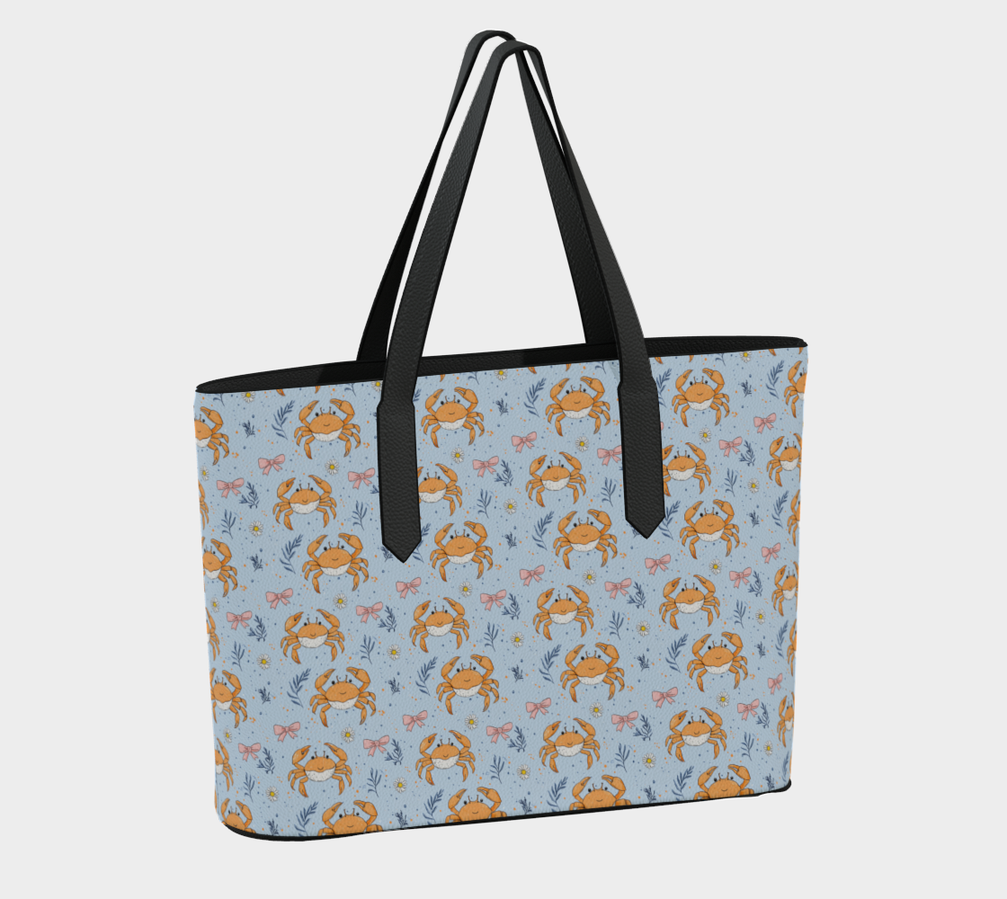 Blue with Crabs and Bows 1055 Vegan Leather Tote Bag