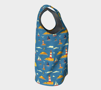 Blue Bag with Lighthouse and Sun on Land Loose Tank Top