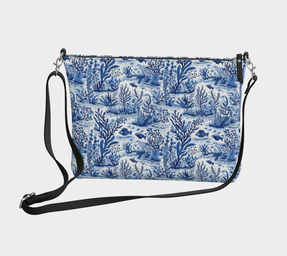 Blue Toile Faux Leather Crossbody Purse