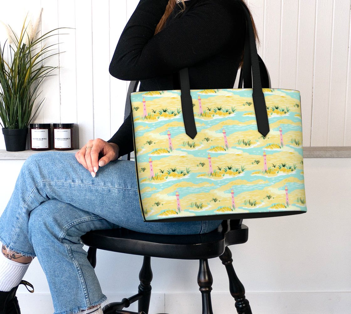 Lighthouse Land and Water Vegan Leather Tote Bag