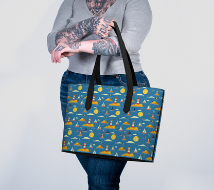Blue Bag with Lighthouse and Sun on Land Vegan Leather Tote Bag