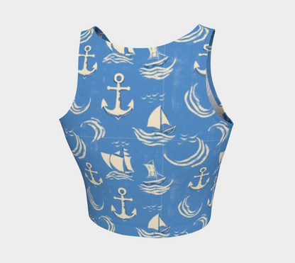 Blue Water with Cream Nautical Elements Athletic Crop Top