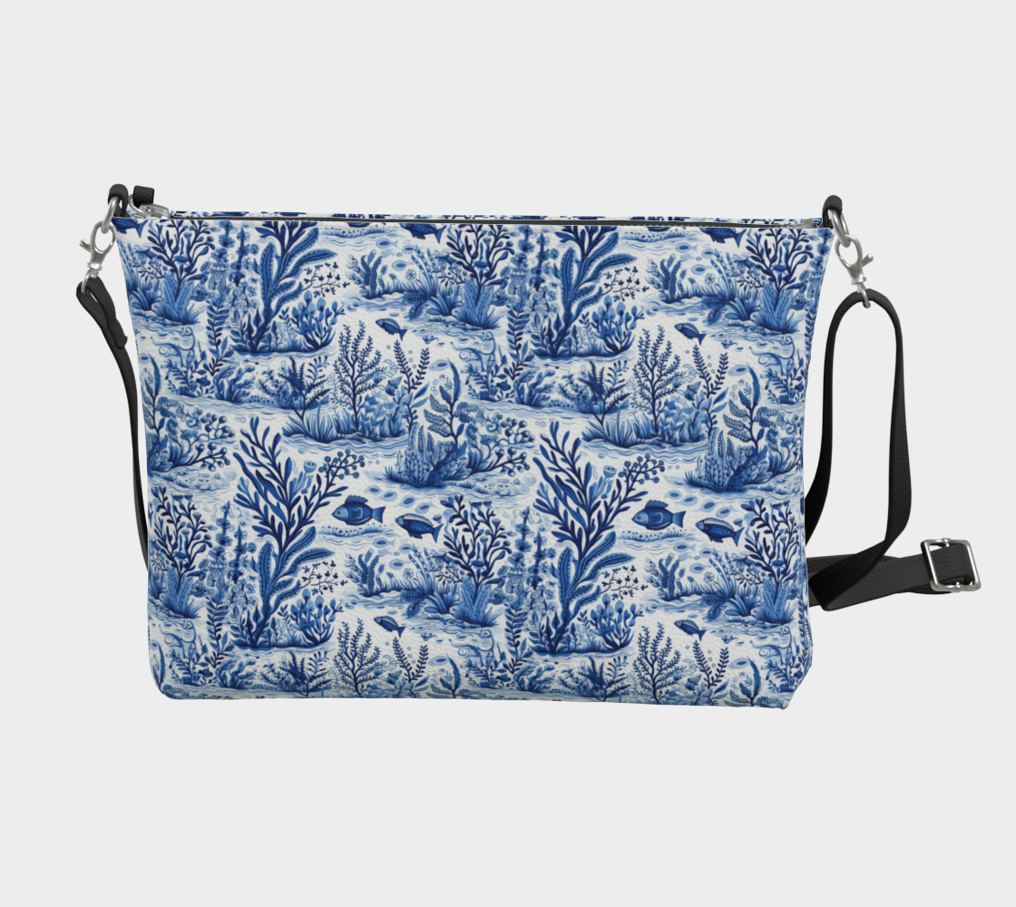 Blue Toile Faux Leather Crossbody Purse