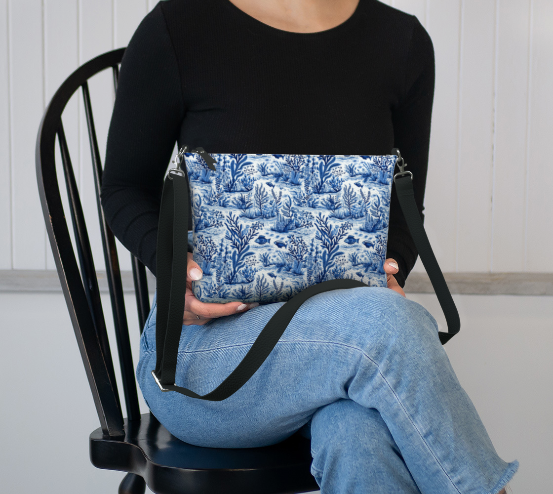 Blue Toile Faux Leather Crossbody Purse