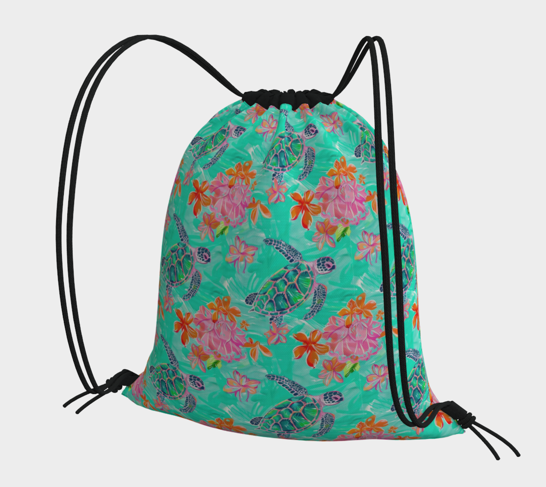 Turtles and Flowers Drawstring Bag