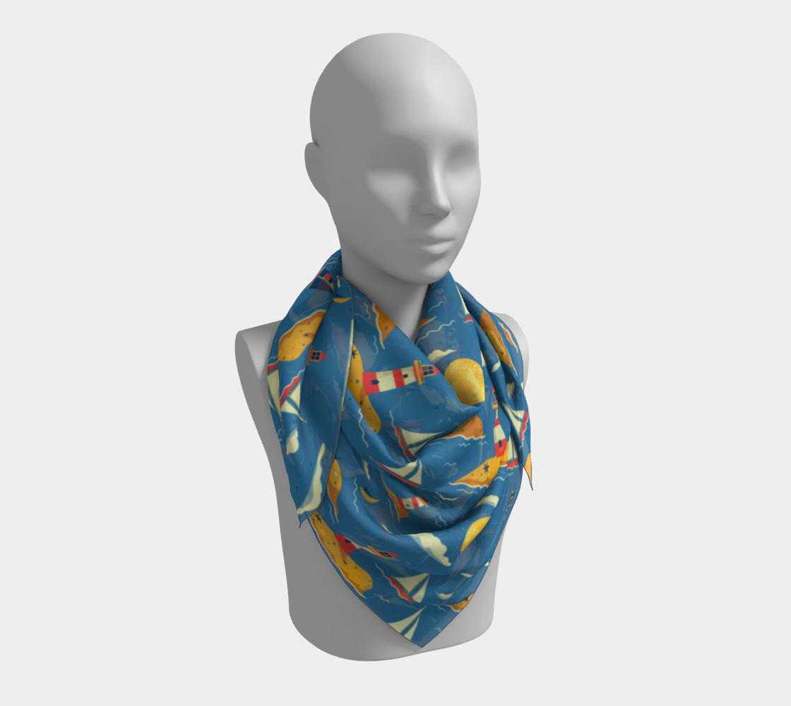 Blue Bag with Lighthouse and Sun on Land Vegan Leather Square Scarf