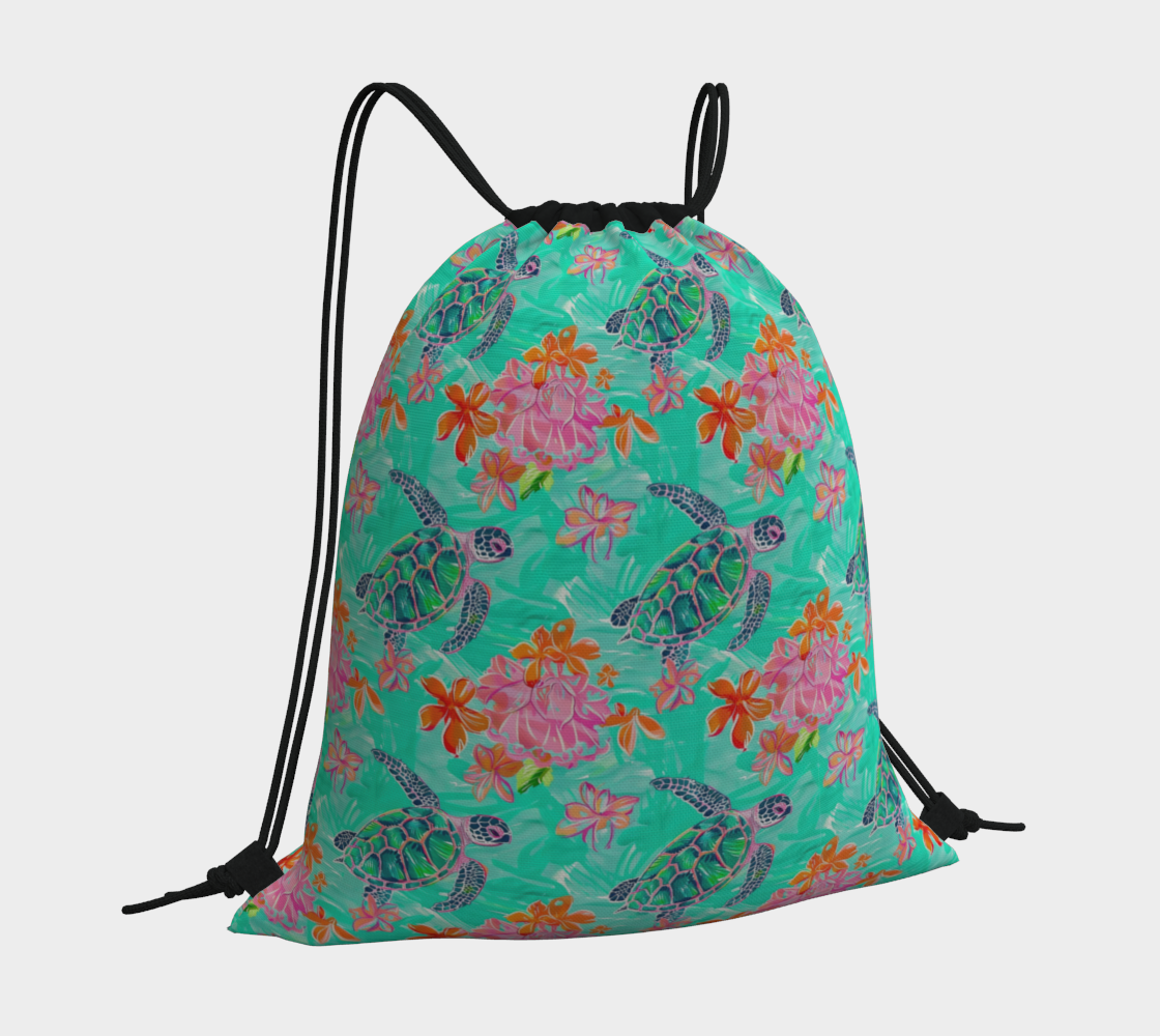 Turtles and Flowers Drawstring Bag